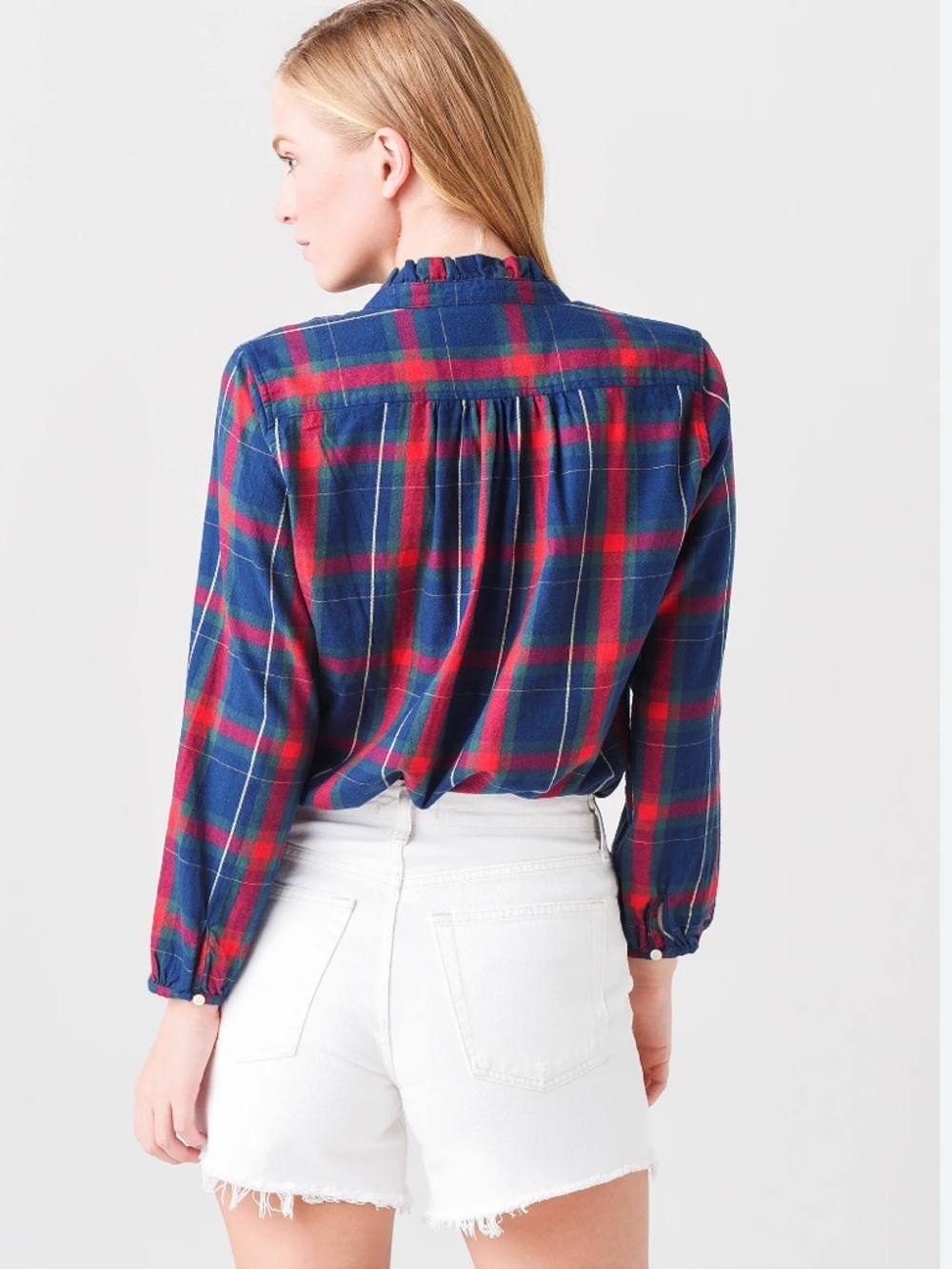Trovata Michelle Plaid Blouse Birds of Paradis Ruffle Collar Cotton Top Size S - Picture 2 of 9